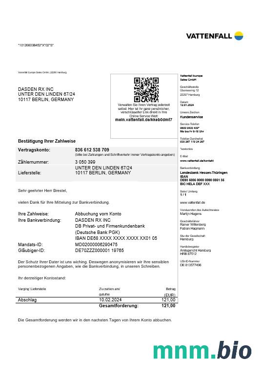 Niemcy Vattenfall rachunek za usługi komunalne szablon w formacie Word i PDF